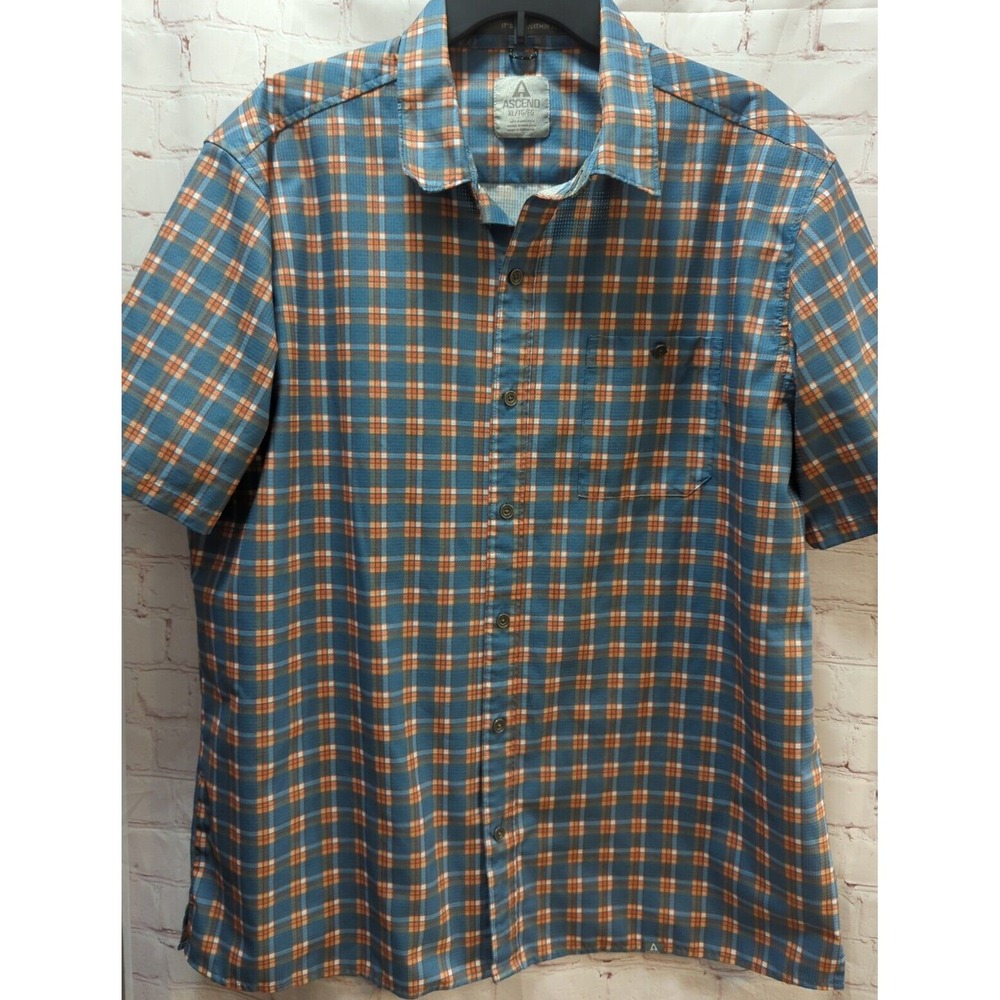 Ascend XL men's button front shirt blue orange plaid short sleeve outdoor wear